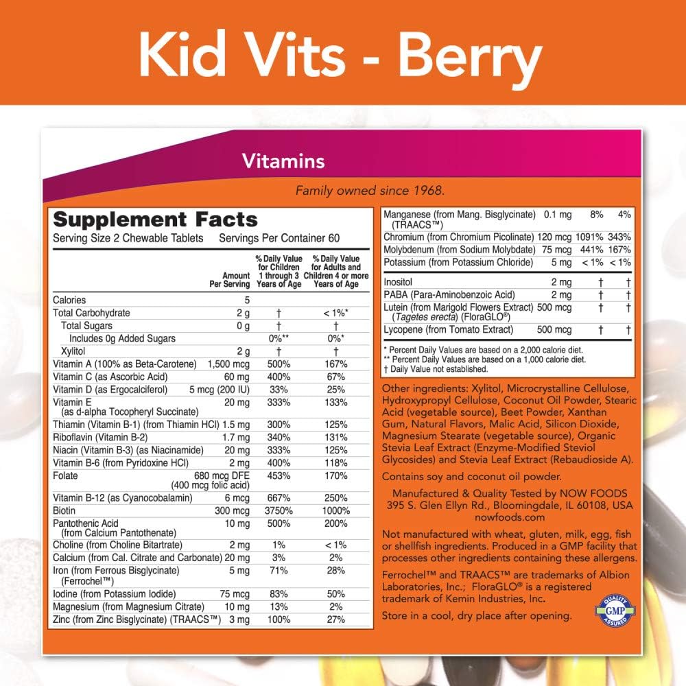 NOW Foods Kid Vits Berry Lemonade 120 Chewable Tablets for Children's Health and Immunity Boost