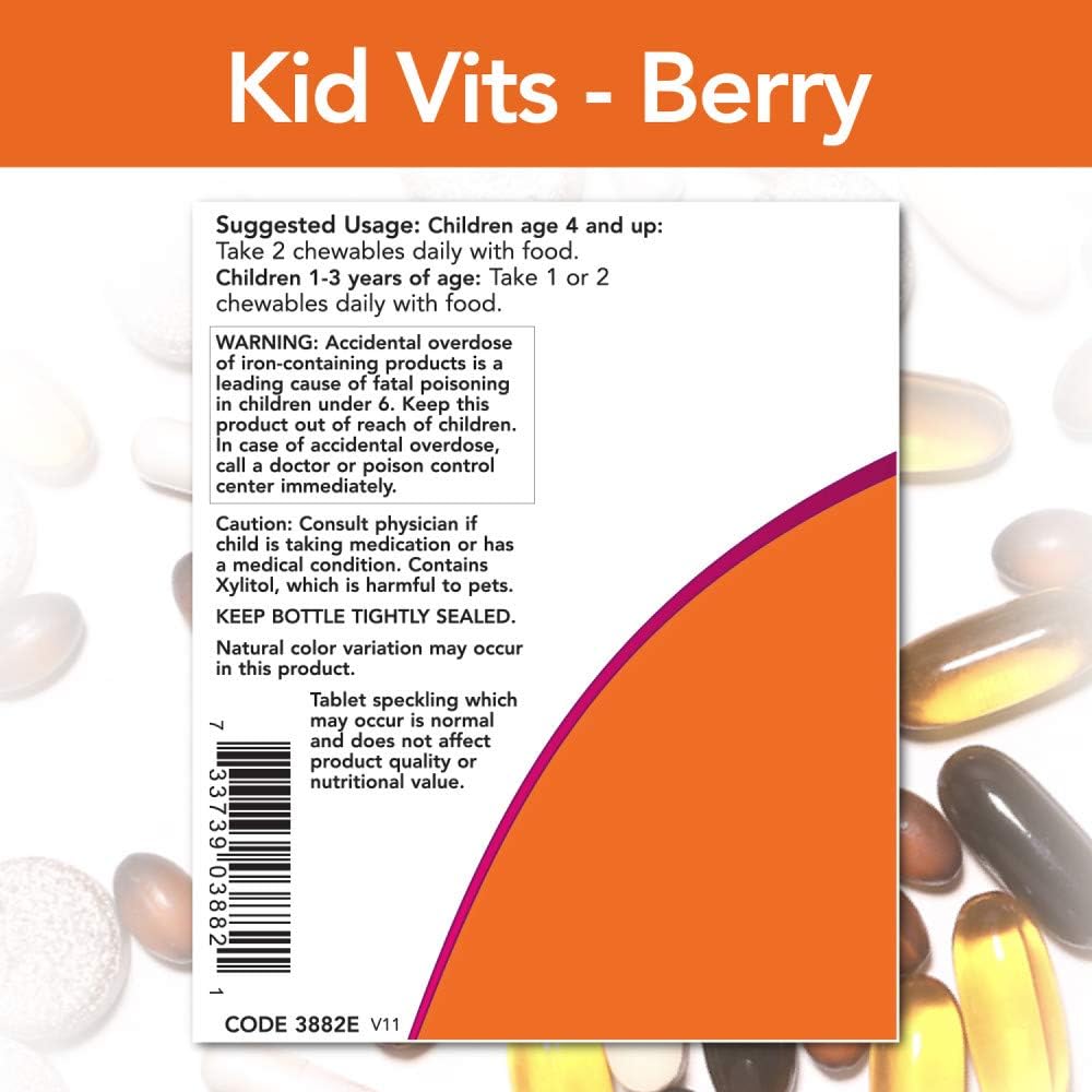 NOW Foods Kid Vits Berry Lemonade 120 Chewable Tablets for Children's Health and Immunity Boost
