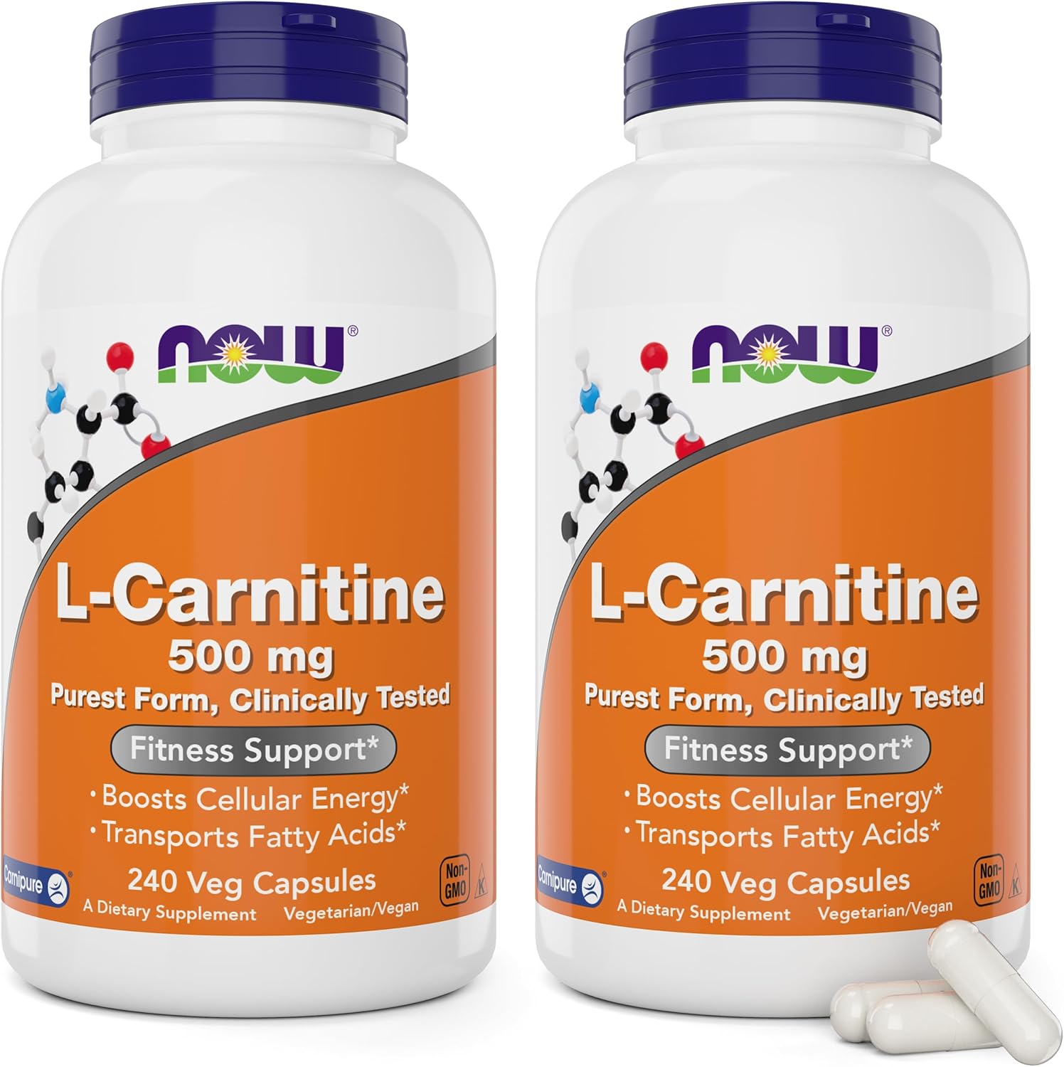 NOW Foods L-Carnitine 500 mg - 240 Veg Capsules x 2 Pack - Energy & Metabolism Support Supplement