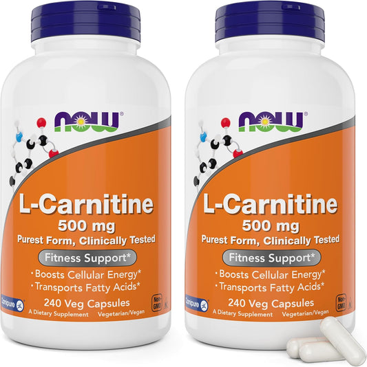 NOW Foods L-Carnitine 500 mg - 240 Veg Capsules x 2 Pack - Energy & Metabolism Support Supplement