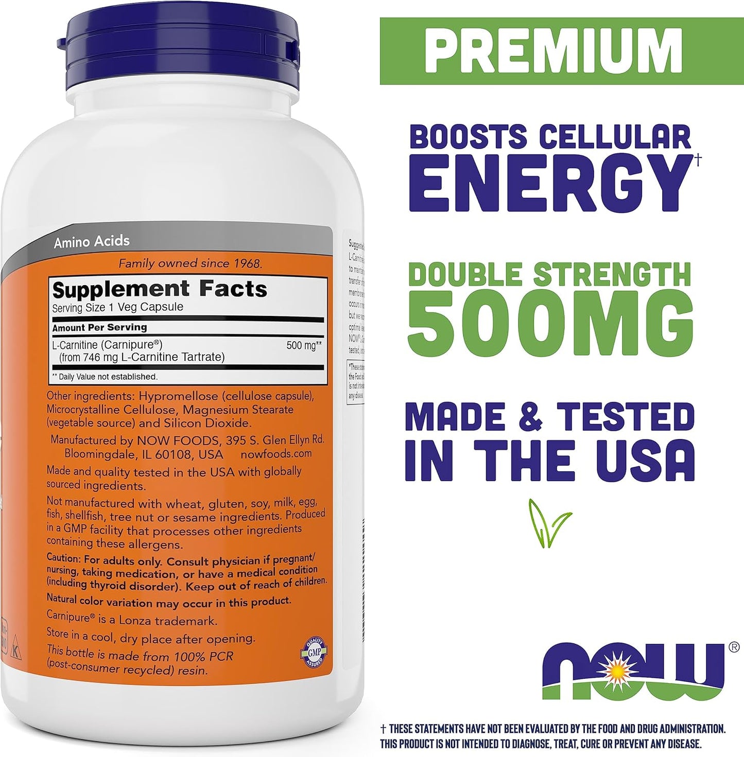 NOW Foods L-Carnitine 500 mg - 240 Veg Capsules x 2 Pack - Energy & Metabolism Support Supplement