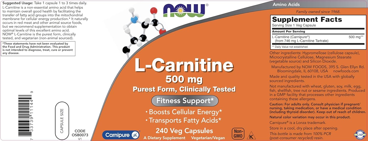 NOW Foods L-Carnitine 500 mg - 240 Veg Capsules x 2 Pack - Energy & Metabolism Support Supplement