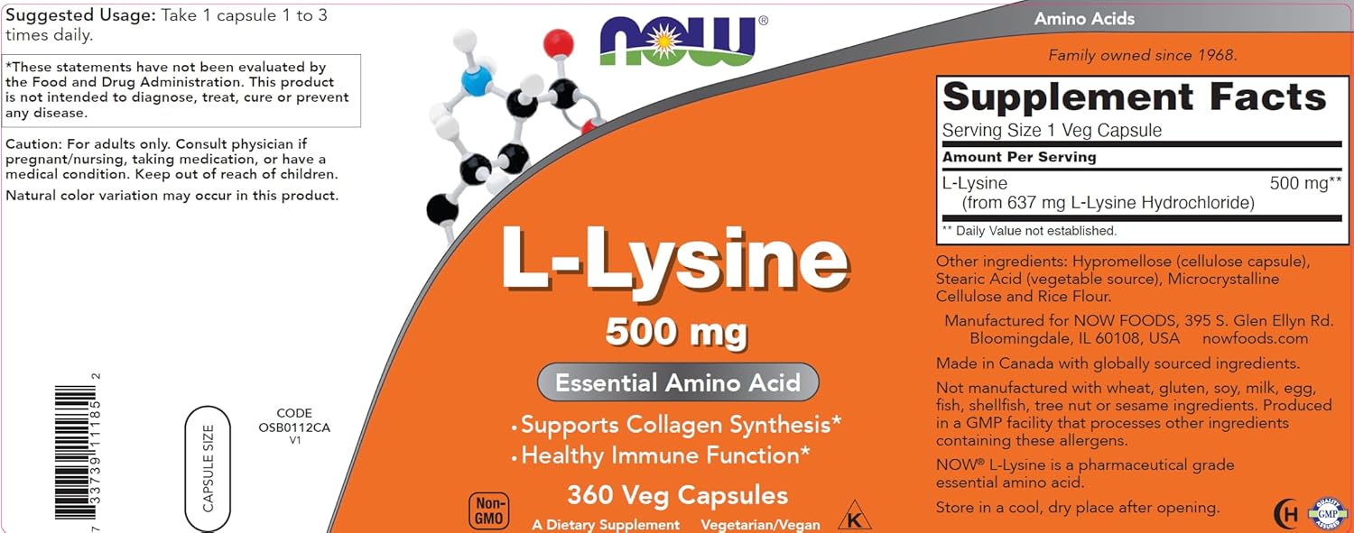 NOW Foods L-Lysine 500 mg - 360 Capsules x 2 - Immune Support Supplement - BoostGo Australia