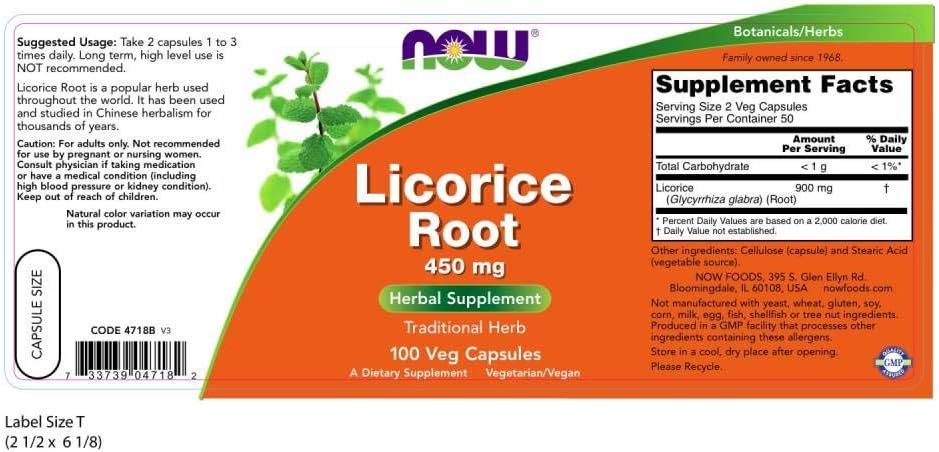 NOW Foods Licorice Root Capsules - 450mg, 100 Count x 2 Pack