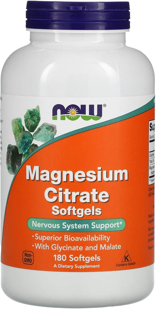 NOW Foods Magnesium Citrate Softgels - 180 Count, High Absorption Formula
