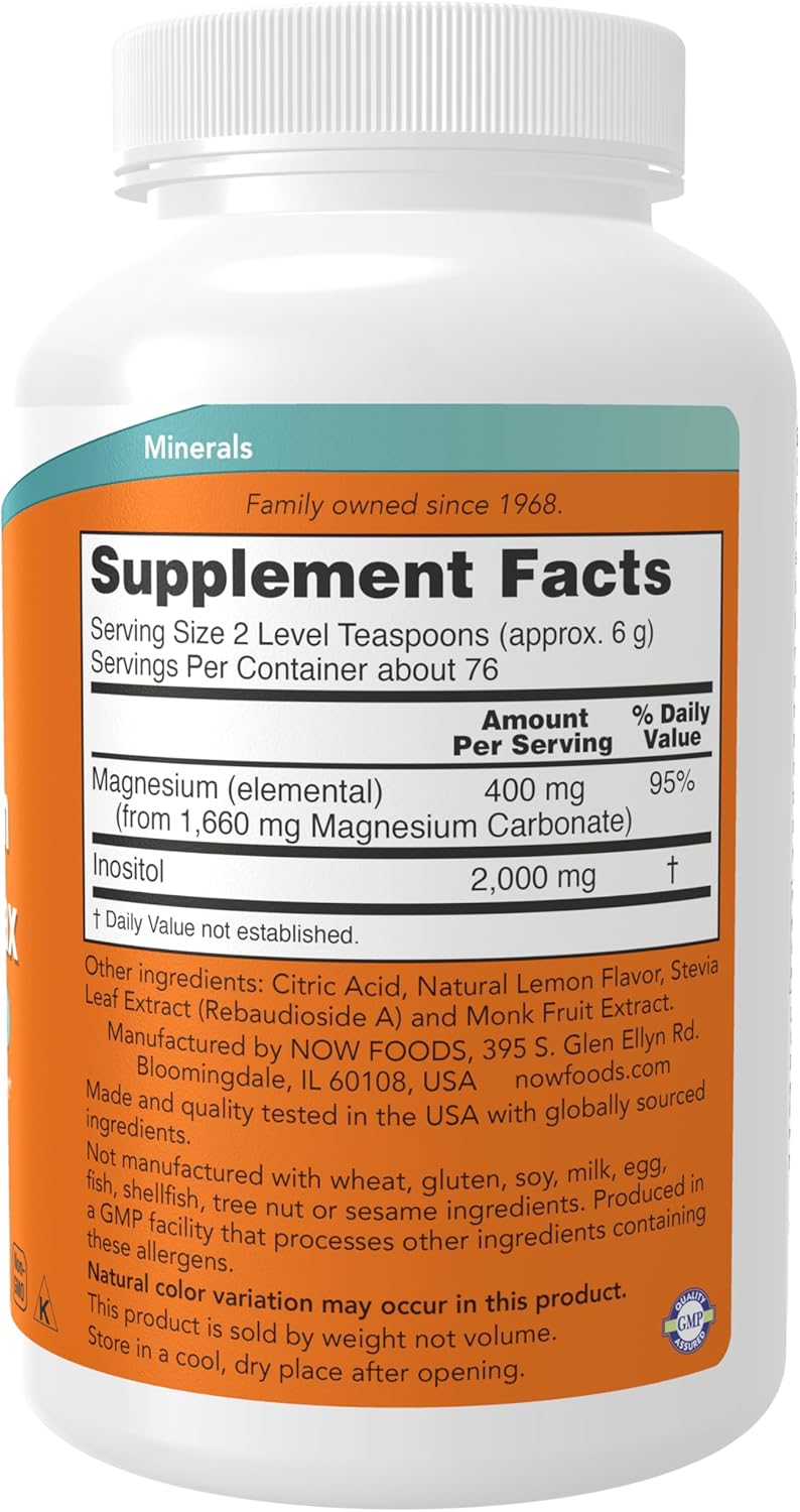 NOW Foods Magnesium Inositol Powder Supplement - Fizzy Lemonade Flavor, 16-Ounce - Relaxation & Nervous System Support