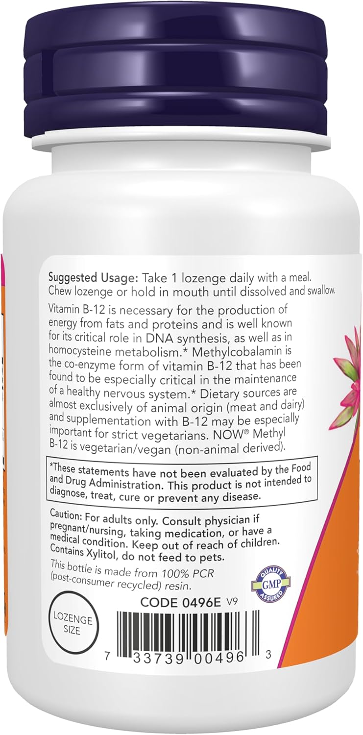 NOW Foods Methyl B-12 (Methylcobalamin) 5,000 mcg Lozenges for Nervous System Health - 60 Count