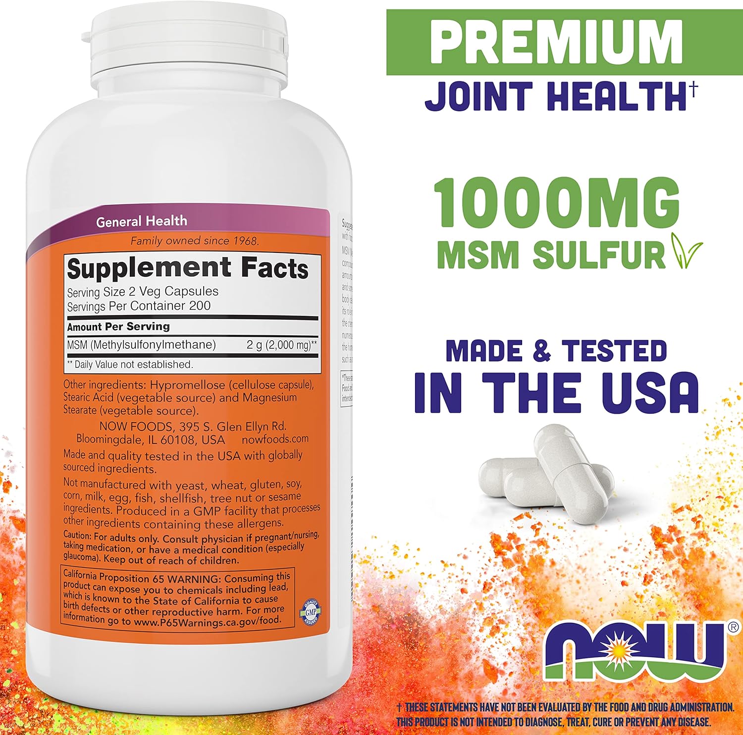 Now Foods MSM 1000mg 800 Veg Capsules (2-Pack) | USA-Made Sulfur Supplement for Joint Health | Non-GMO Vegan Friendly