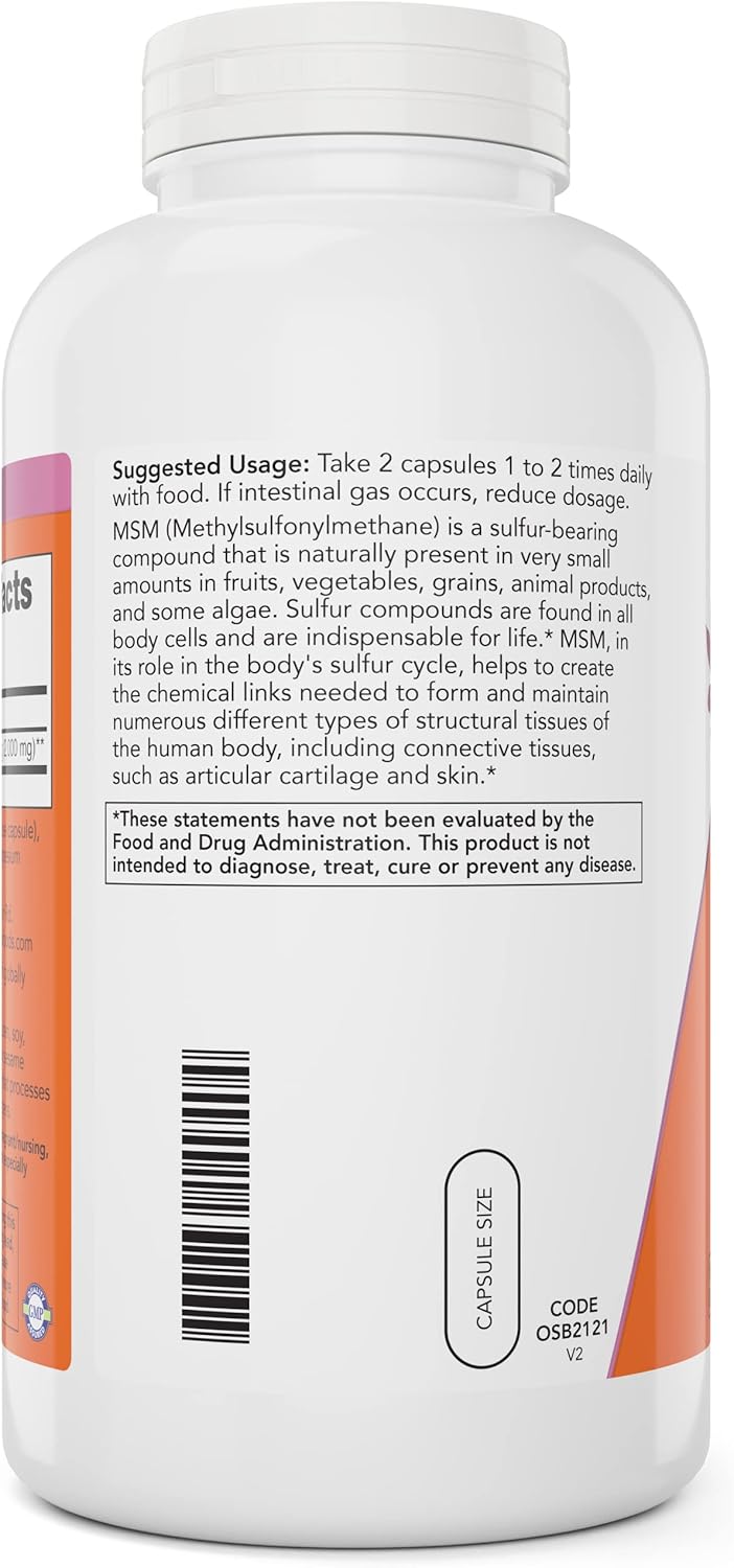 Now Foods MSM 1000mg 800 Veg Capsules (2-Pack) | USA-Made Sulfur Supplement for Joint Health | Non-GMO Vegan Friendly