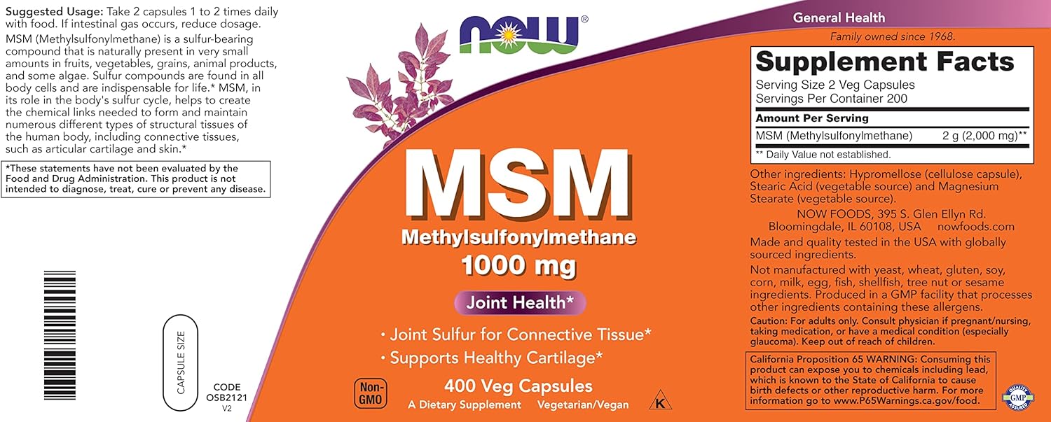Now Foods MSM 1000mg 800 Veg Capsules (2-Pack) | USA-Made Sulfur Supplement for Joint Health | Non-GMO Vegan Friendly