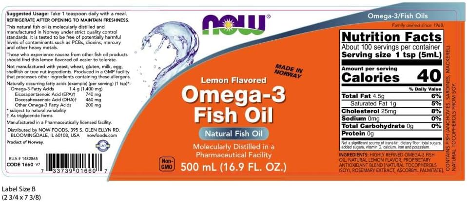 NOW Foods Omega-3 Fish Oil Liquid Supplement, Lemon Flavored, 16.9-Ounce Bottle, Molecularly Distilled