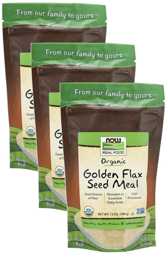 NOW Foods Organic Golden Flax Seed Meal - 12-Ounce Pack of 3, Rich in Essential Fatty Acids and Fiber, Cold-Processed, Non-GMO