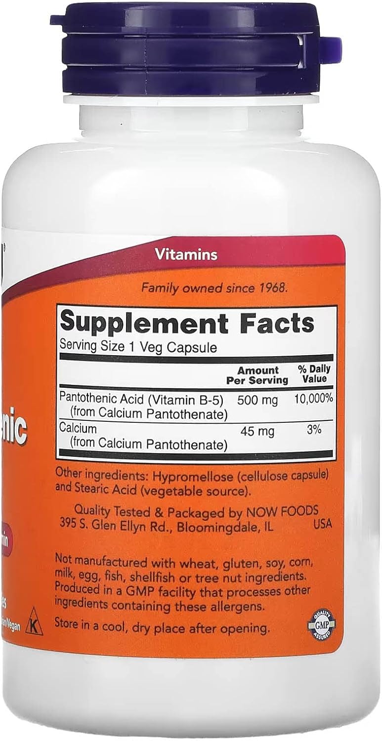 NOW Foods Pantothenic Acid 500mg - 100 Capsules, High Potency Vitamin B5 Supplement