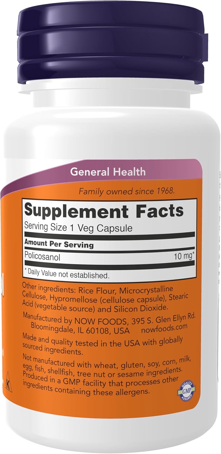 NOW Foods Policosanol 10mg Supplement, Long-Chain Fatty Alcohol Blend from Sugar Cane, 90 Veg Capsules