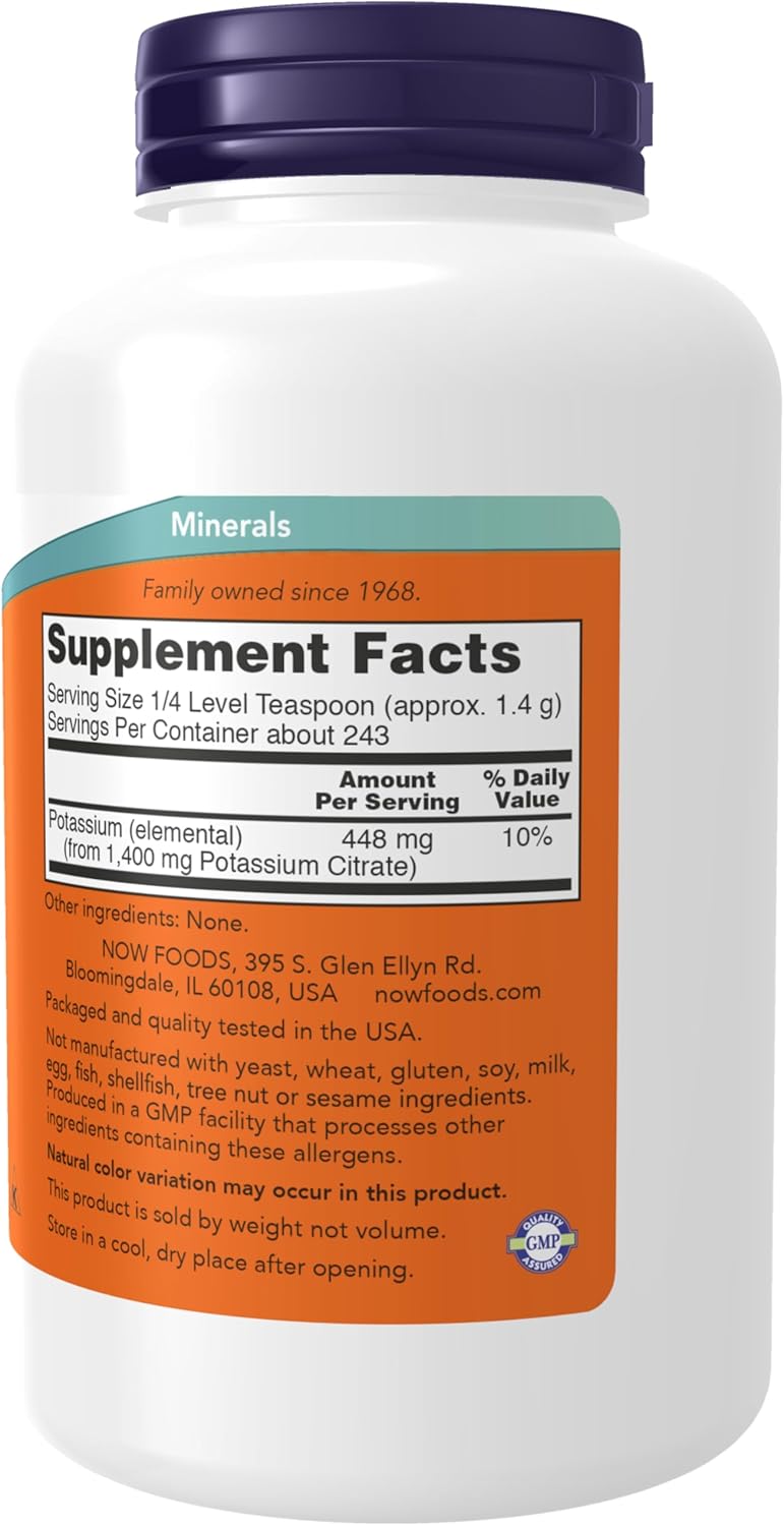 NOW Foods Potassium Citrate Powder - Electrolyte Balance Support - Essential Mineral Supplement - 12-Ounce Size