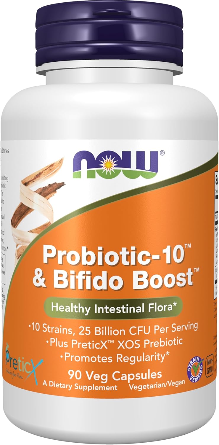 NOW Foods Probiotic-10™ & Bifido Boost™ Capsules - 10 Strains, 25 Billion CFU, Prebiotic, 90 Count