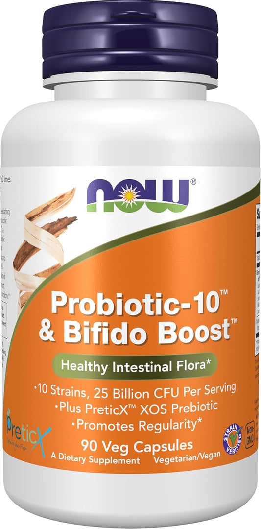 NOW Foods Probiotic-10™ & Bifido Boost™ Capsules - 10 Strains, 25 Billion CFU, Prebiotic, 90 Count