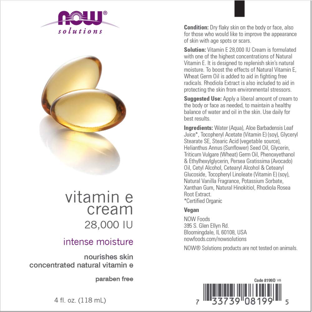 NOW Foods Solutions Vitamin E Cream 28,000 IU for Intense Moisture - Concentrated Vitamin E Formula - 4 oz