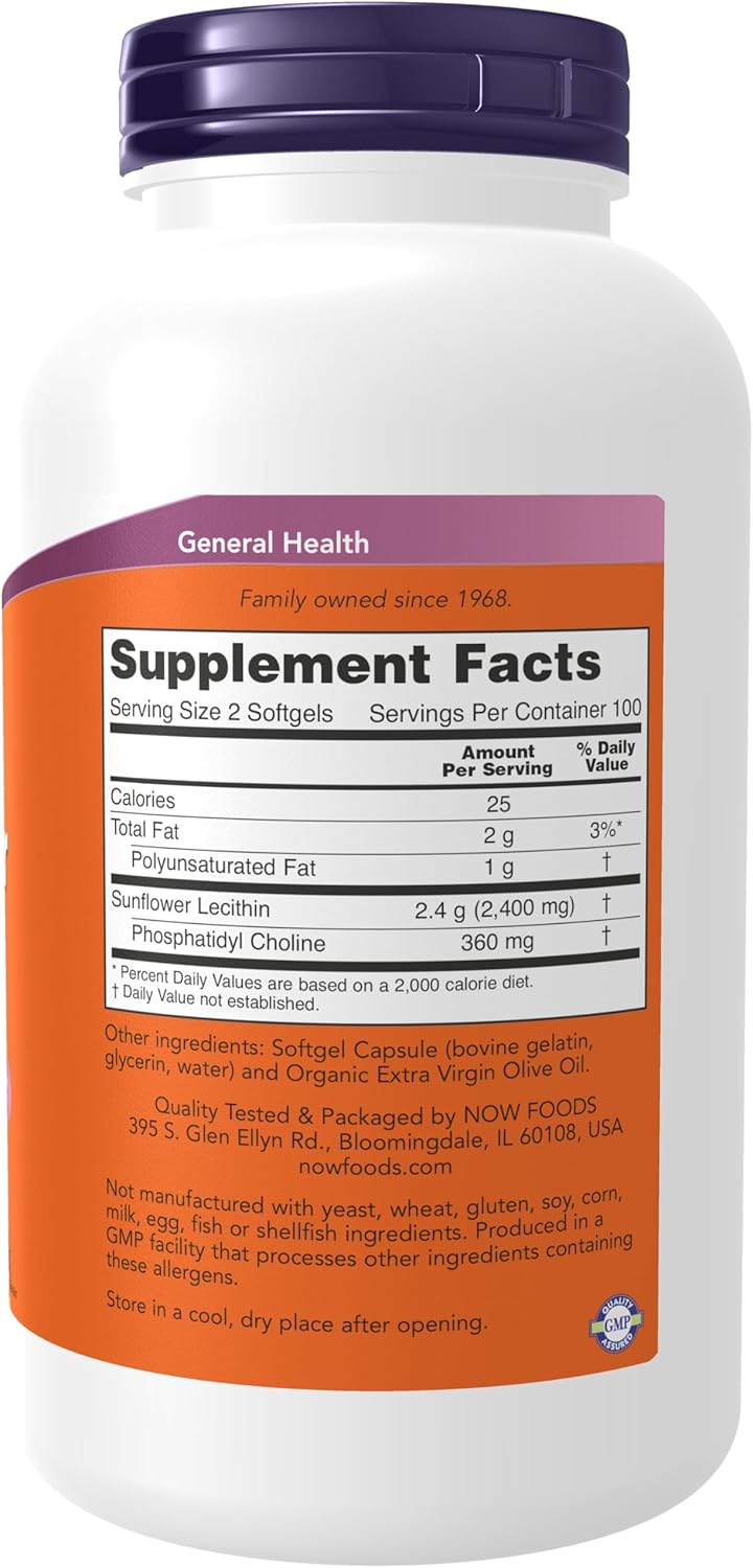 Now Foods Sunflower Lecithin Softgels with Phosphatidyl Choline - 1,200 MG (200 Count) - Non-GMO, Soy-Free