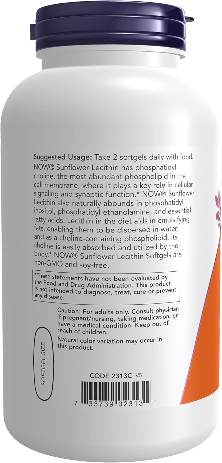 Now Foods Sunflower Lecithin Softgels with Phosphatidyl Choline - 1,200 MG (200 Count) - Non-GMO, Soy-Free