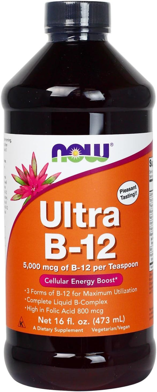 NOW Foods Ultra B-12 Liquid Energy Boost 5000 mcg - 16 oz 2-Pack - Fast Absorption Formula