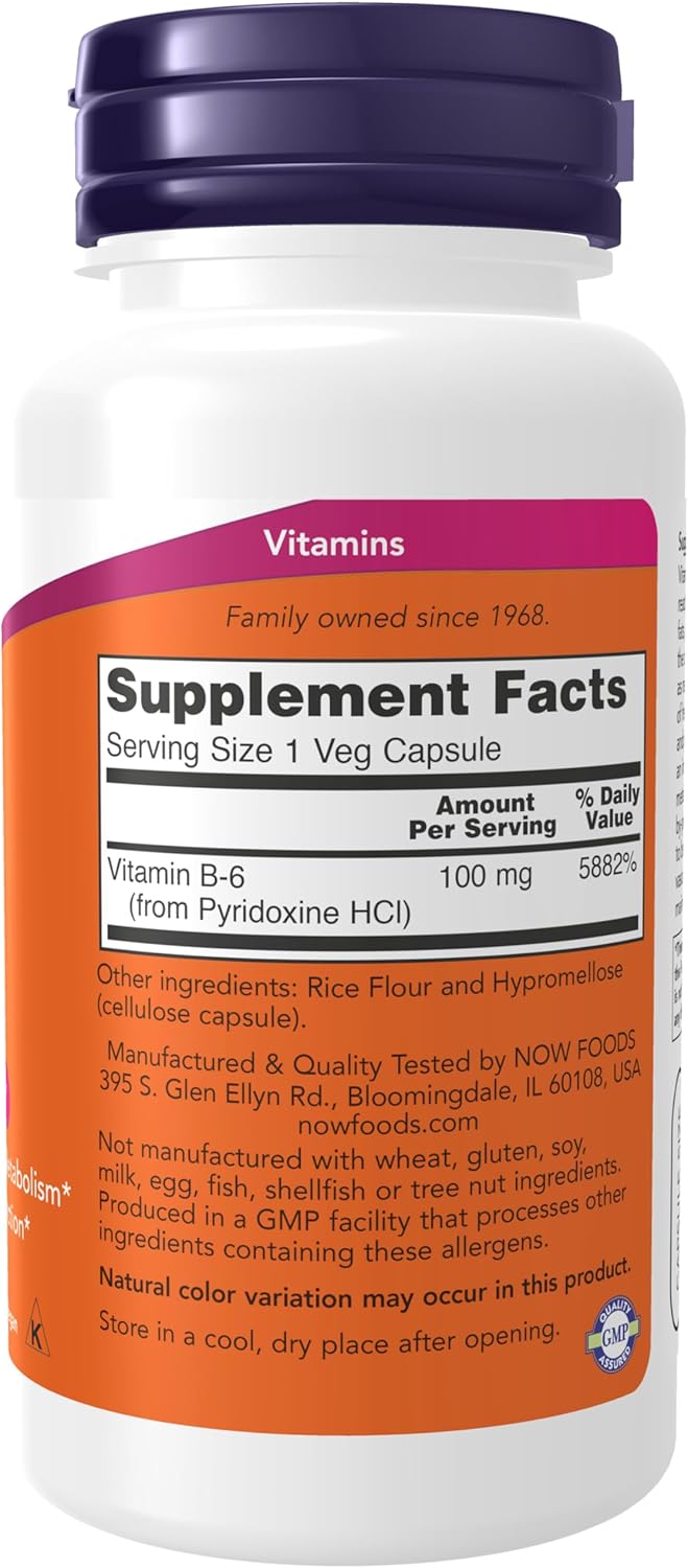 NOW Foods Vitamin B-6 (Pyridoxine HCl) 100 mg Capsules for Cardiovascular Health - 100 Count - BoostGo Australia
