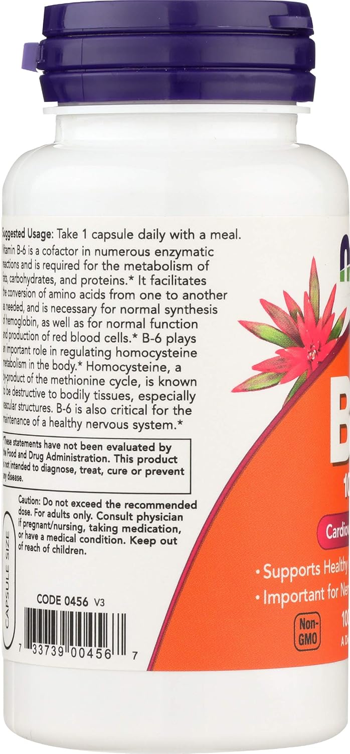 Now Foods Vitamin B6 100mg Capsules - 100 Count Bottle