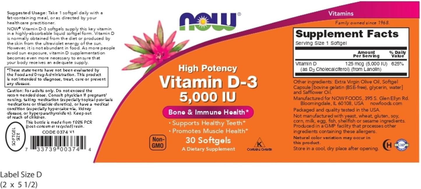 NOW Foods Vitamin D-3 5000 IU Softgels - Twin Pack of 30
