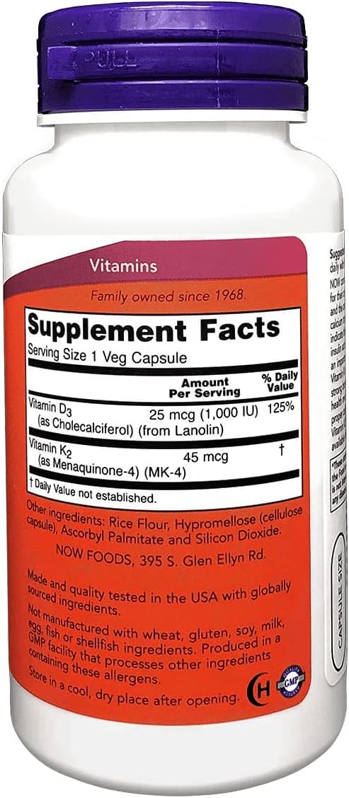NOW Foods Vitamin D-3 & K-2 Supplement - 120 Vegetarian Capsules for Bone and Heart Health