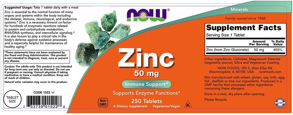 NOW Foods Zinc Gluconate Supplement, 50 mg, 250 Tablets - Immune Support and Antioxidant Formula - BoostGo Australia