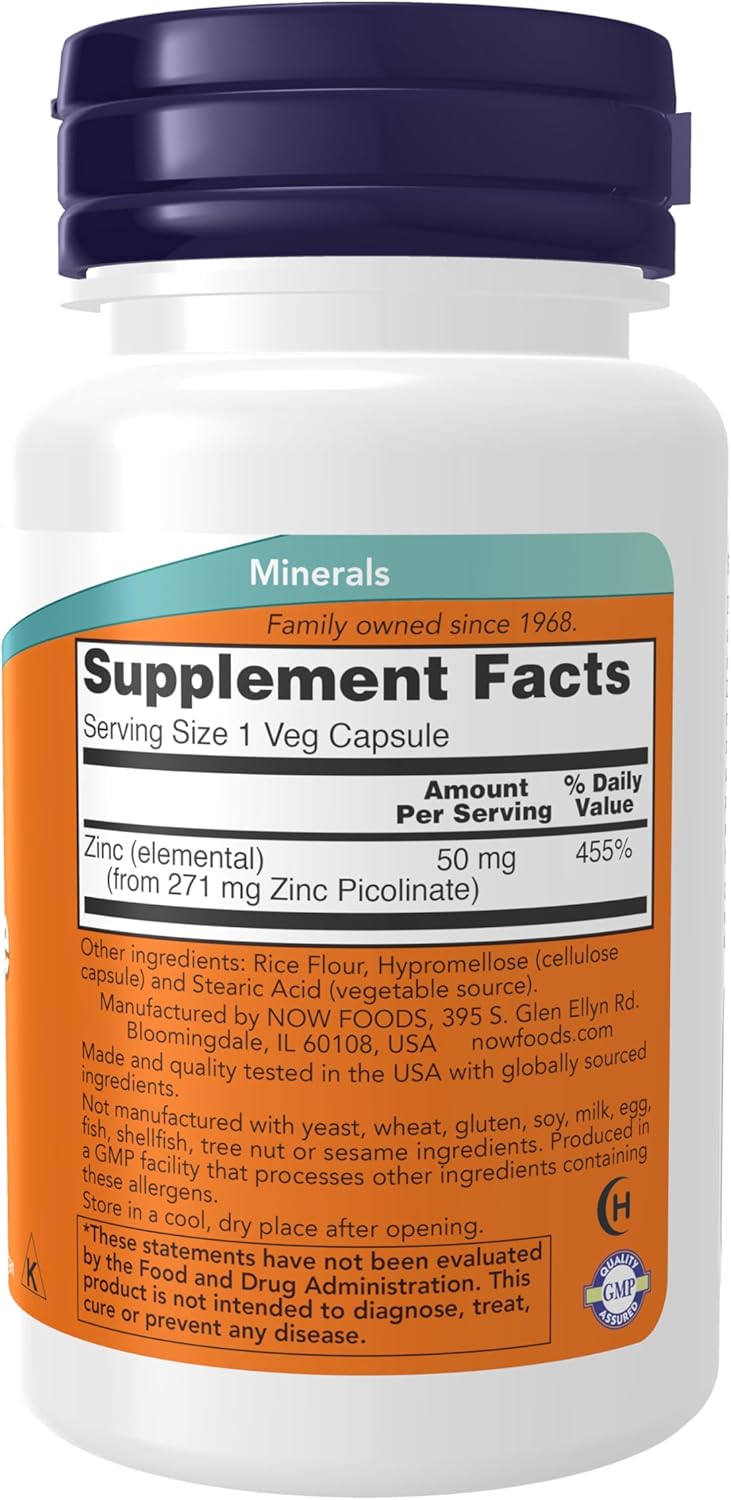 NOW Foods Zinc Picolinate 50 mg Capsules - Enzyme Function Support - Immune System Boost - 60 Veggies