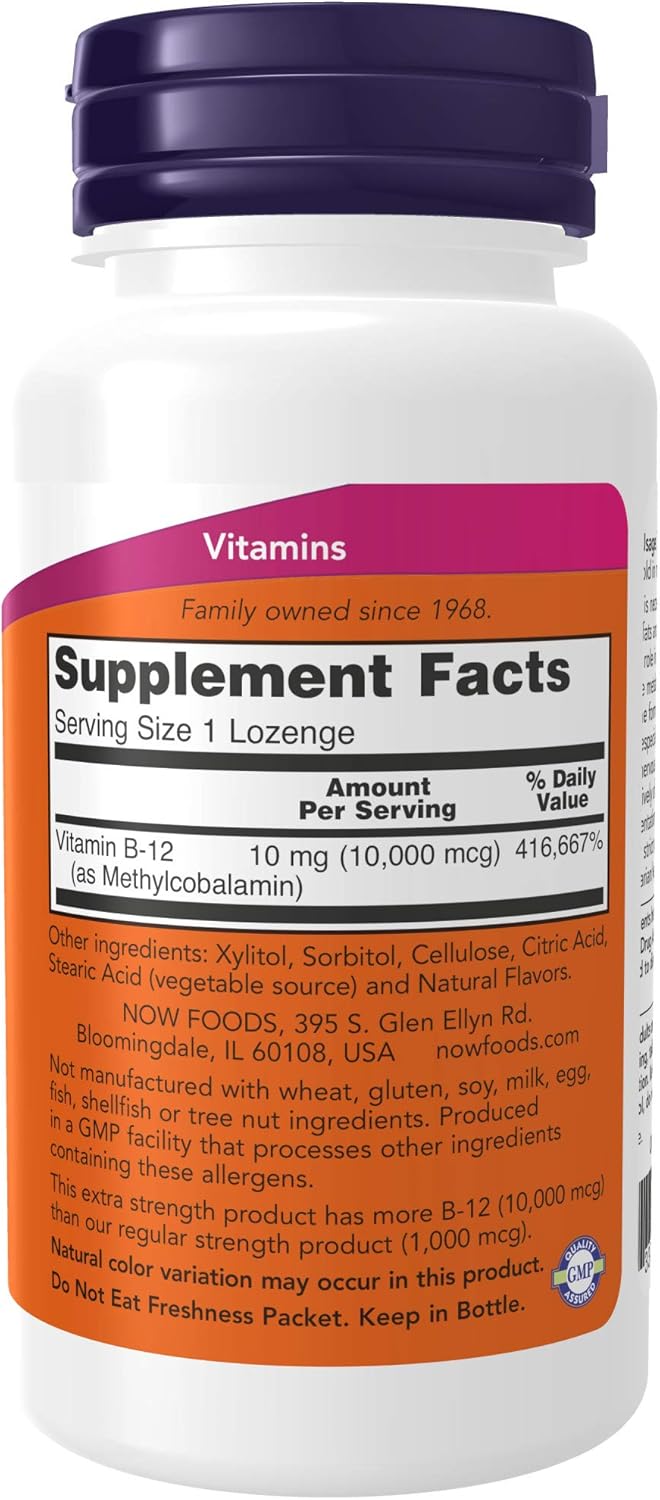NOW Methyl B-12 (Methylcobalamin) 10,000 mcg Lozenges - Nervous System Support - 240 Count