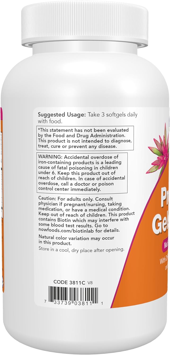 NOW Prenatal Gels + DHA with Borage Oil, 250 mg DHA per Serving, 180 Softgels