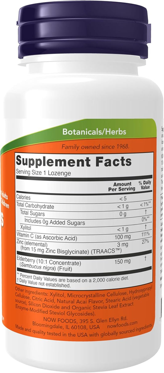 NOW Sambucus Zinc-C Lozenges - Elderberry Concentrate & Vitamin C - 120 Count - Pack of 2