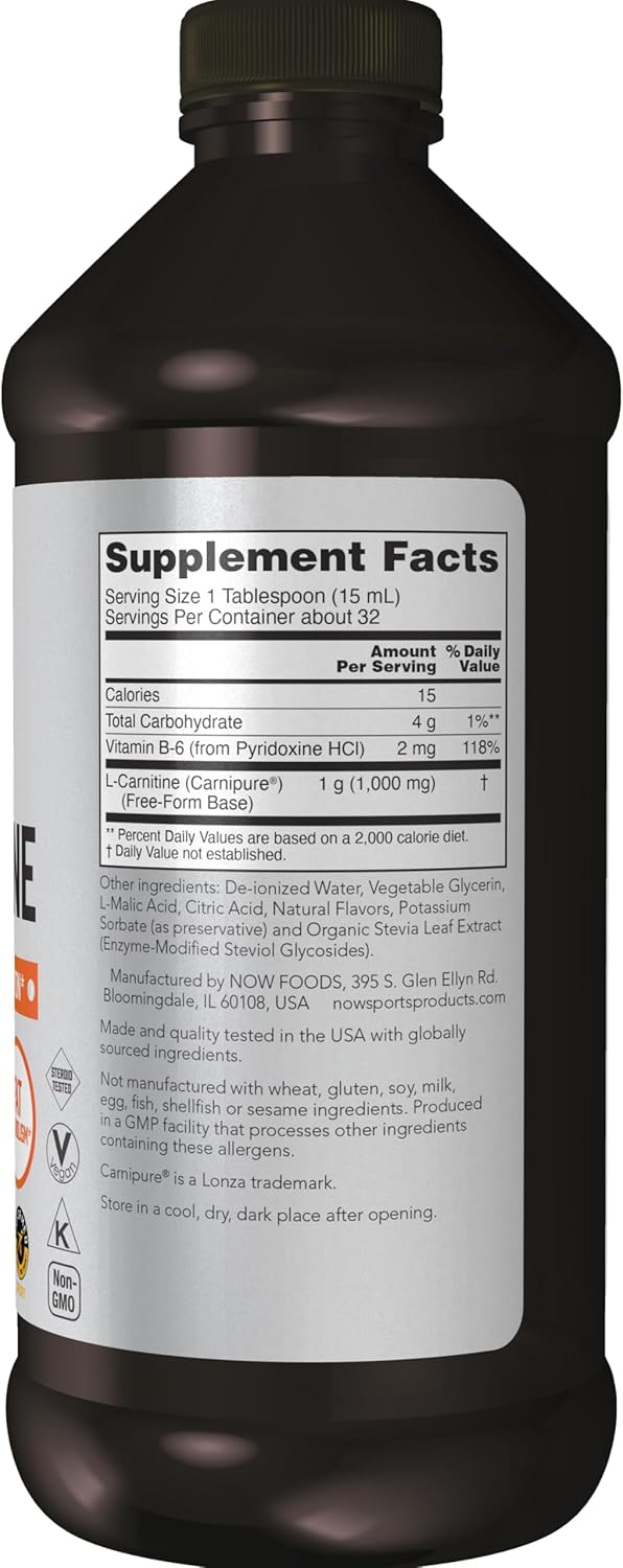 NOW Sports Nutrition L-Carnitine Liquid 1,000 mg - Tropical Punch Flavor - 16 oz - Fast Absorption Formula