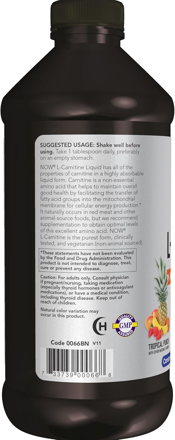NOW Sports Nutrition L-Carnitine Liquid 1,000 mg - Tropical Punch Flavor - 16 oz - Fast Absorption Formula