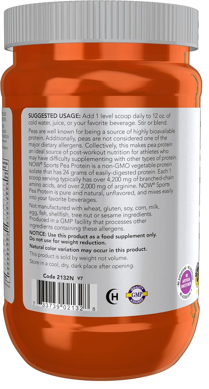 NOW Sports Nutrition Pea Protein Powder 24g, Unflavored, Easily Digestible - 12oz x2 Pack