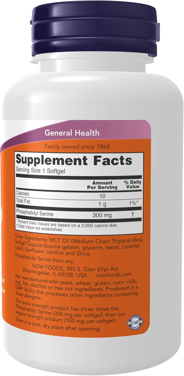 NOW Supplements Phosphatidyl Serine 300 mg Extra Strength Softgels - Soy Lecithin Derived Phospholipid Compound - 50 Count