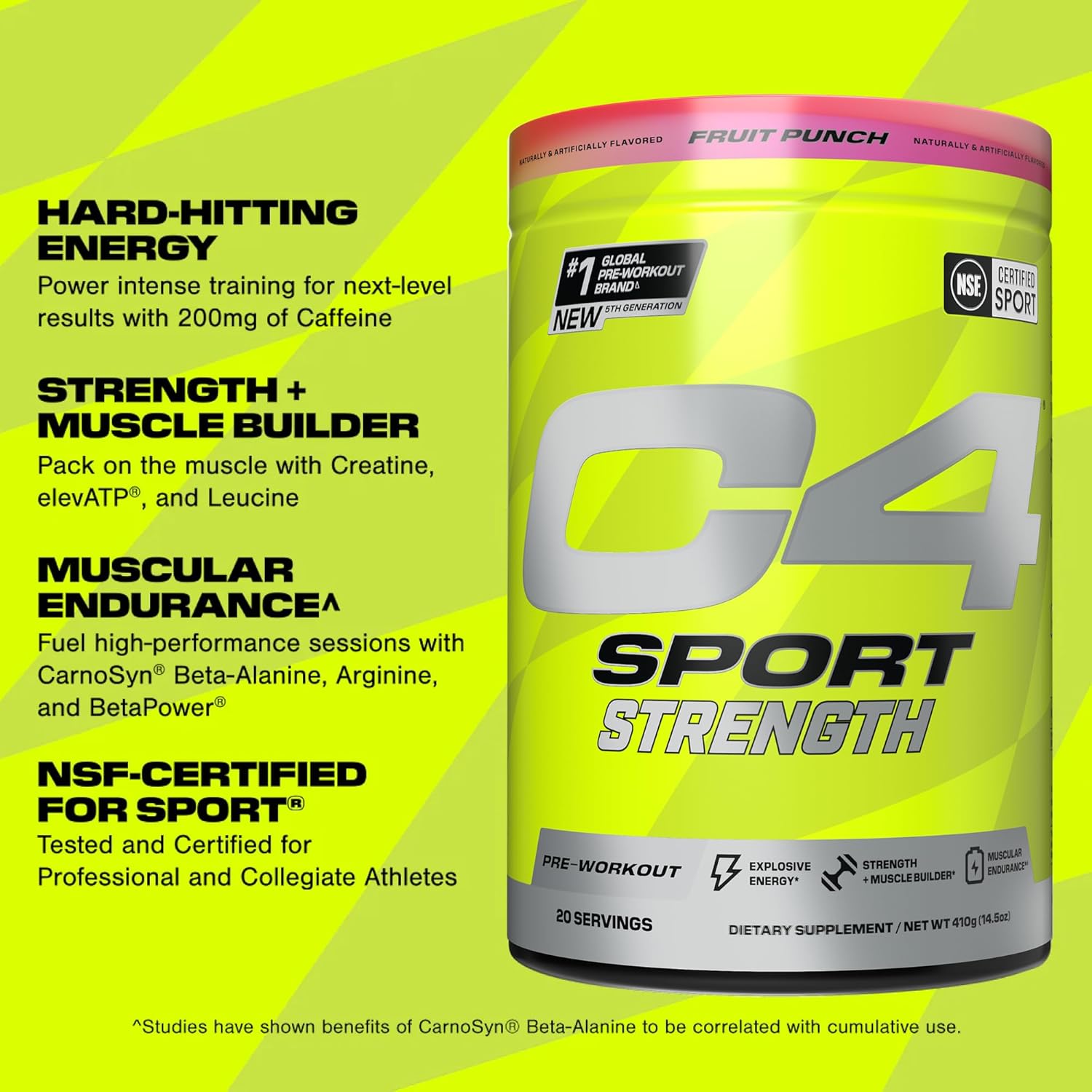 NSF Certified Cellucor C4 Sport Strength Pre Workout Powder - Sugar Free Energy Supplement with Beta-Alanine, Creatine, and Caffeine - Fruit Punch Flavor - 20 Servings for Men & Women