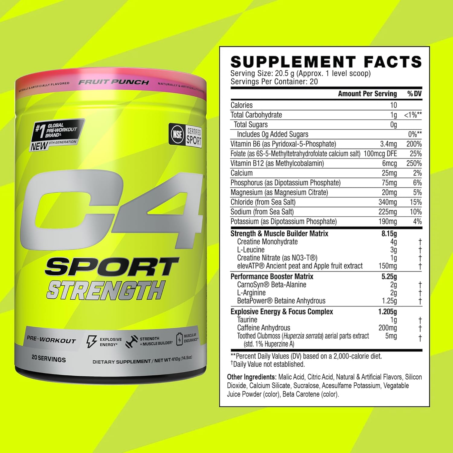 NSF Certified Cellucor C4 Sport Strength Pre Workout Powder - Sugar Free Energy Supplement with Beta-Alanine, Creatine, and Caffeine - Fruit Punch Flavor - 20 Servings for Men & Women