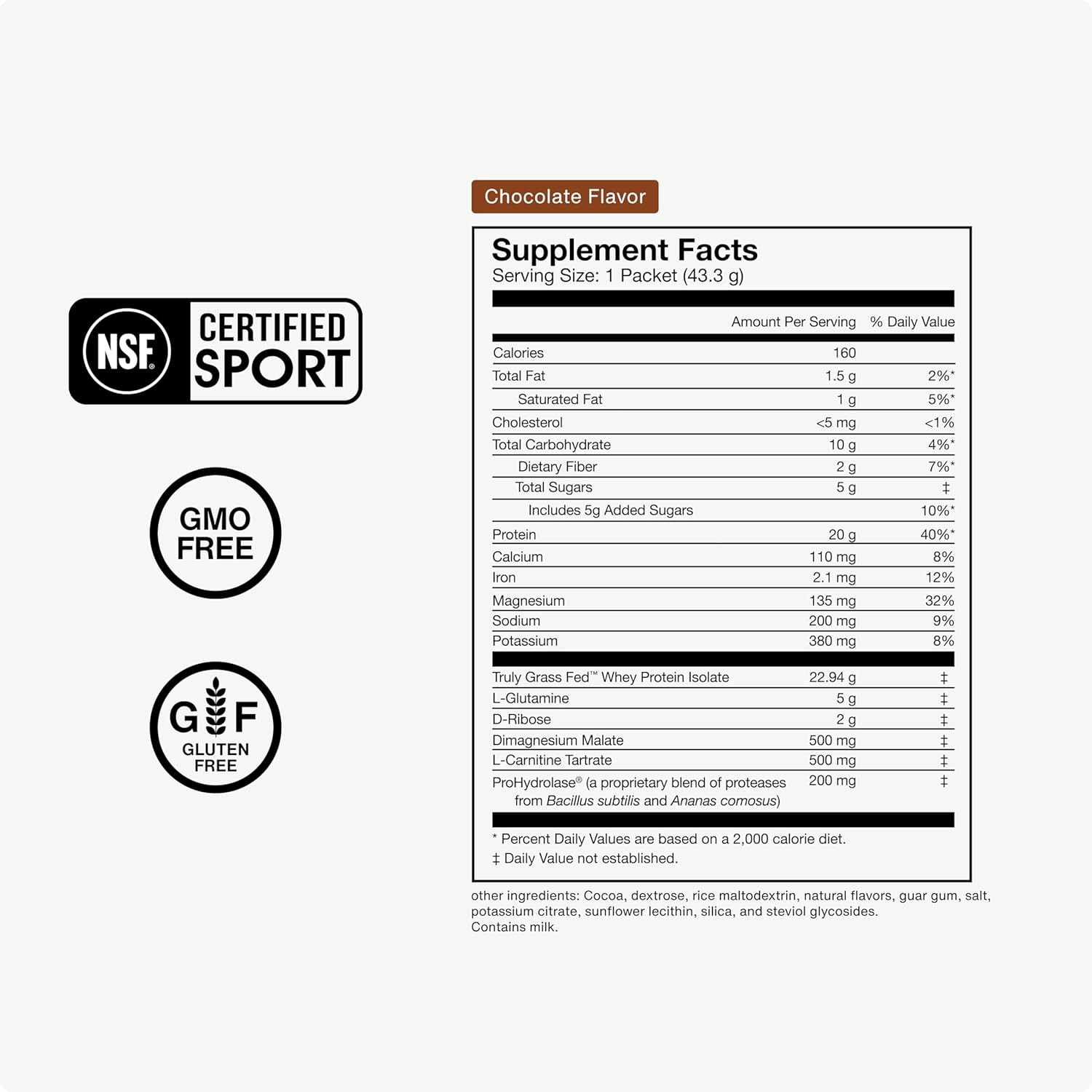 NSF Certified Grass-Fed Whey Protein Powder - 20g Post-Workout Isolate Protein - Gluten-Free Chocolate - 15 Servings