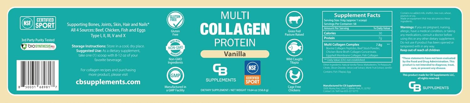 NSF Certified Multi Collagen Protein Powder - 58 Servings of Hydrolyzed Collagen for Bone, Skin, Hair, and Joint Support (Vanilla)
