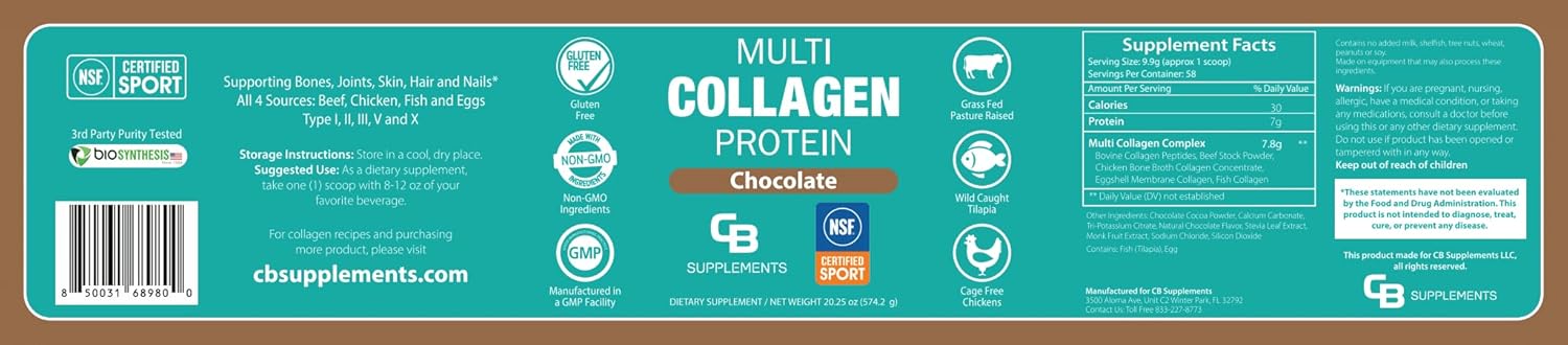 NSF Certified Multi Collagen Protein Powder for Bone, Skin, Hair, and Joint Support - Hydrolyzed Collagen Supplements - Chocolate (58 Servings)
