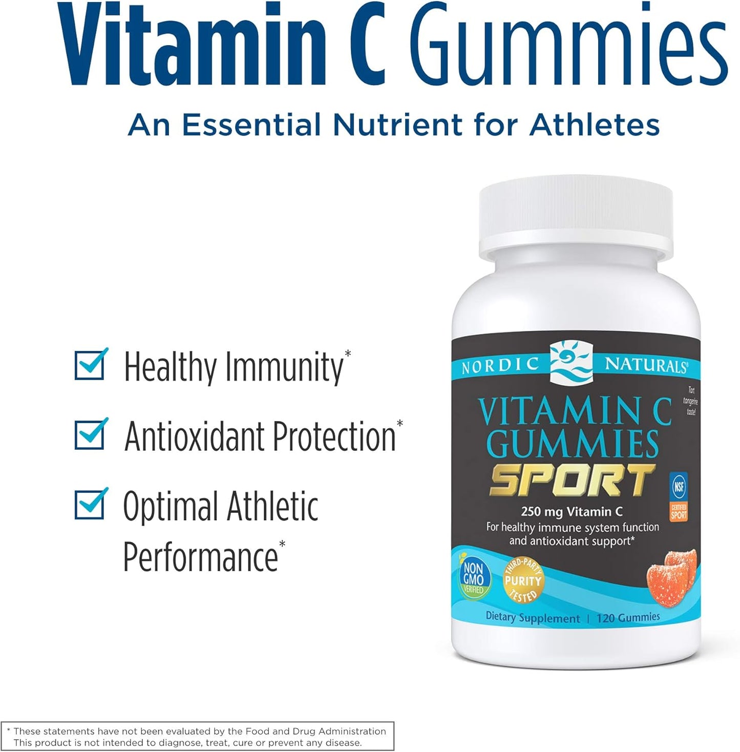NSF Certified Nordic Naturals Vitamin C Gummies - Tart Tangerine Flavor - 120 Gummies - 250mg Vitamin C - Antioxidant Support - Vegan & Non-GMO - 60 Servings