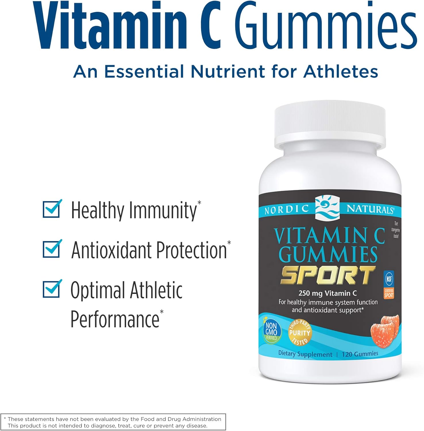 NSF Certified Nordic Naturals Vitamin C Gummies - Tart Tangerine Flavor - 120 Gummies - 250mg Vitamin C - Antioxidant Support - Vegan & Non-GMO - 60 Servings