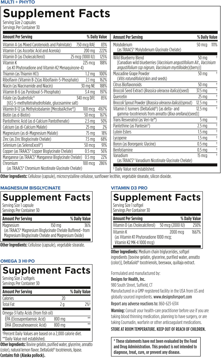 NSF Certified Sport Vitamin Pack with Multivitamin, Omega-3, Magnesium & Vitamin D3 + K - Professional Workout Supplements (30 Packets)