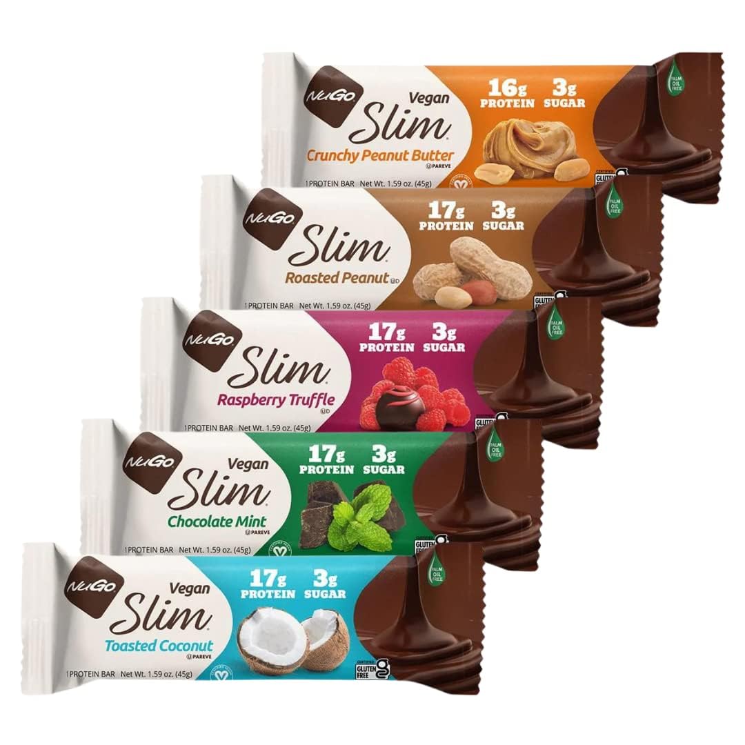 Nu Go Protein Variety Slim Bar Pack - 10 Count, 16-17g Protein, Low Sugar, High Fiber, Gluten Free - 5 Flavors - Truffle, Mint, Peanut Butter, Espresso, Coconut or Brownie - "The Kitchen Queen" Packaging