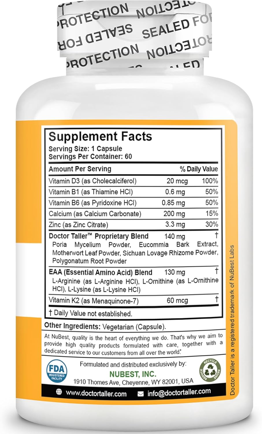 NuBest Doctor Taller - Bone Strength and Immune Support for Kids (8+) - Keto Blend with Calcium, Vitamin D3, Vitamin K2, Amino Acids, Herbs - 60 Vegan Capsules