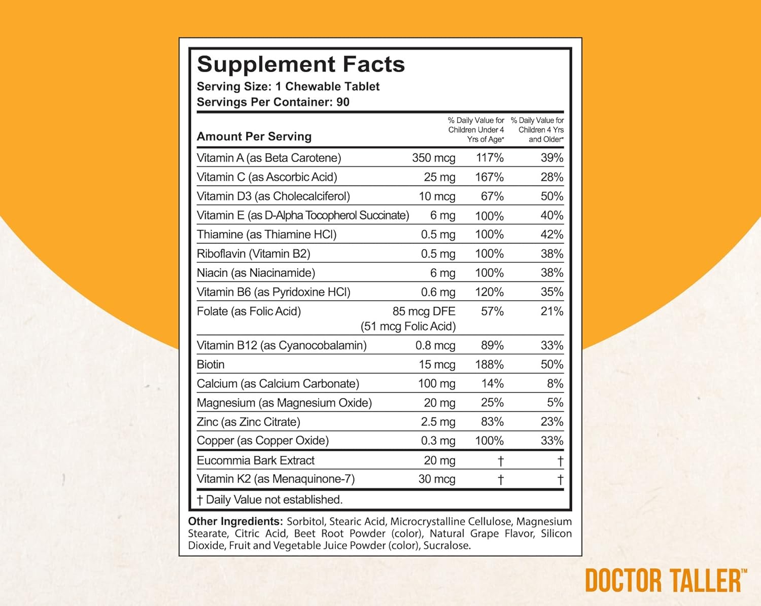 NuBest Doctor Taller Kids Multivitamins for Ages 2-9 - Support Bone Strength & Immunity - Grape Flavor - 90 Vegan Chewable Tablets (2 Pack)