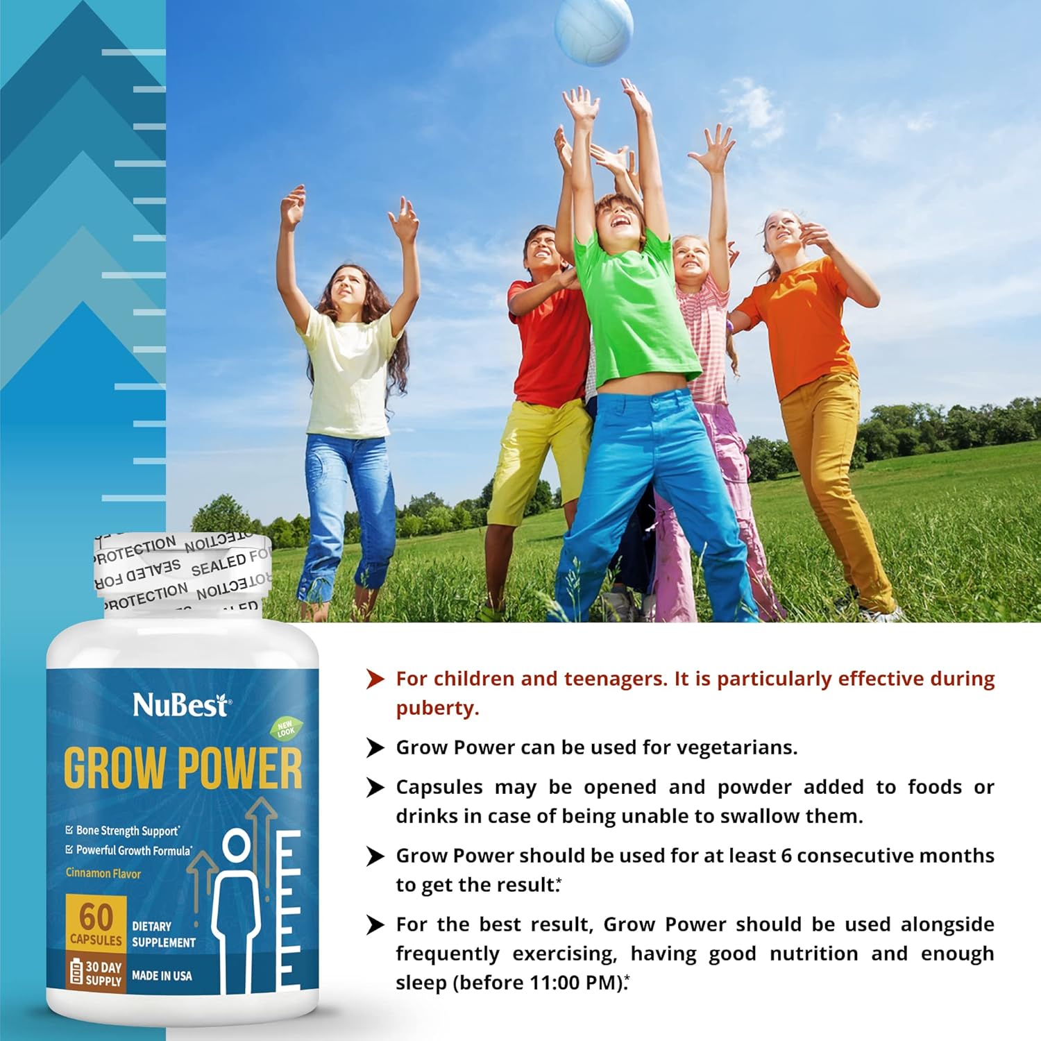 NuBest Height Growth Supplement Bundle: Grow Power - Extra Strength Formula for Kids 60 - Supports Healthy Height, Immunity, and Bone Growth